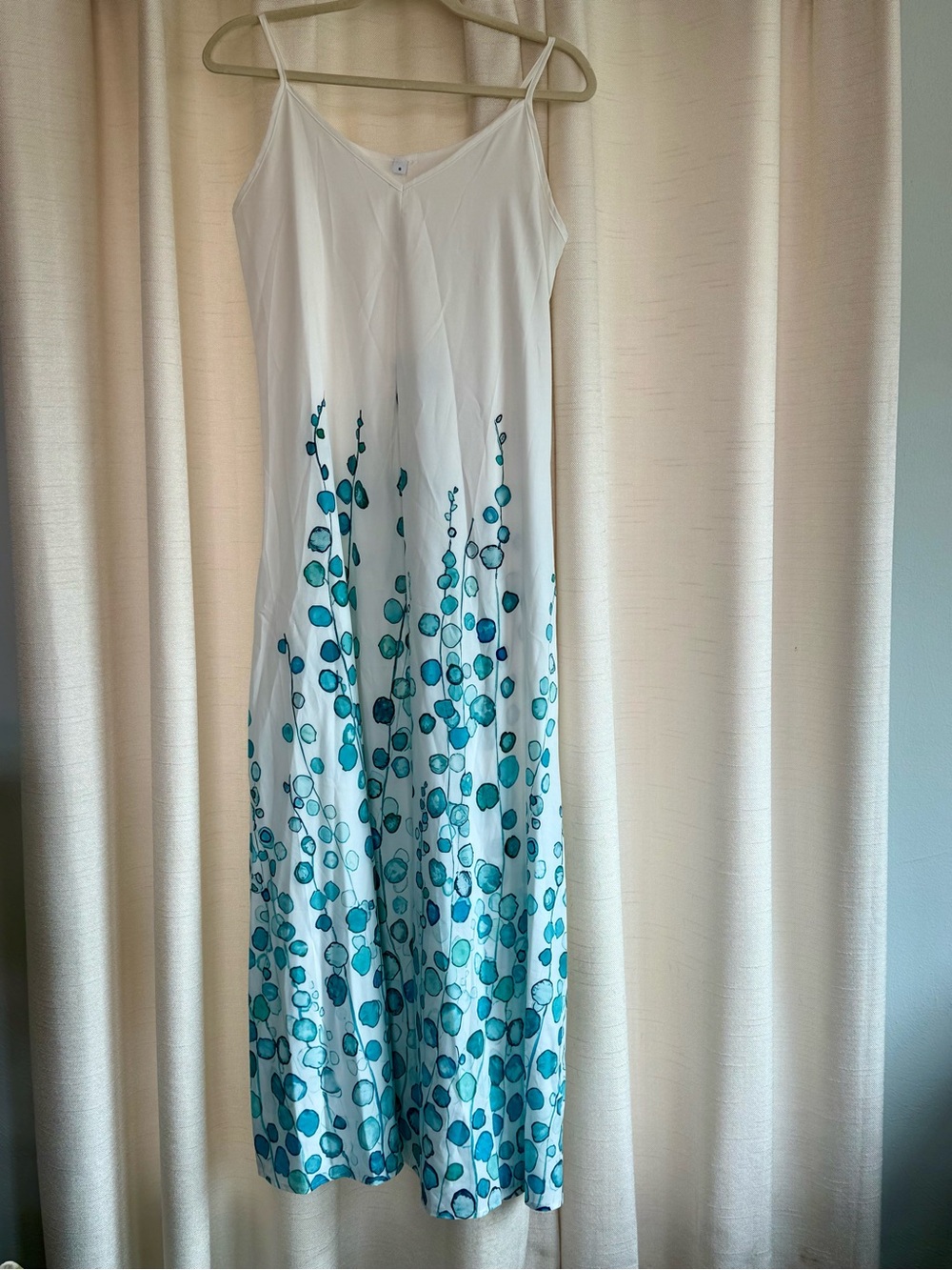 White Maxi Slip Dress with Teal Dot Floral Print